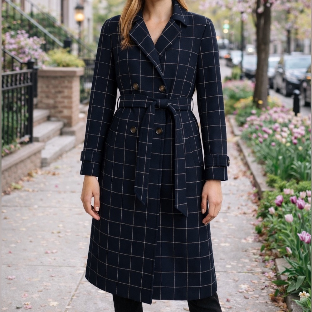 Abercrombie & Fitch Navy Windowpane Trench Coat XL Preppy Old Money Spring Coat